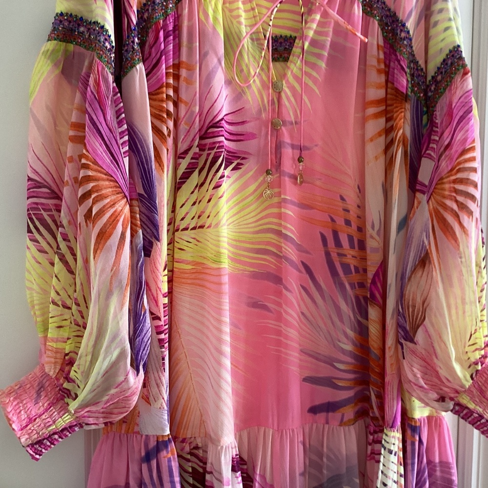 Camilla South Beach Sunrise 100% Silk Gathered Yoke Short Dress Blouson Sleeves - Picture 7 of 16